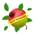 Rosh Hashanah - New Year in Hebrew. Vector illustration with apple, pomegranate and foliage isolated on a white background. Great