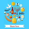 Rosh Hashanah, Shana Tova flat vector icons set Royalty Free Stock Photo