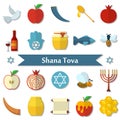 Rosh Hashanah, Shana Tova flat vector icons set Royalty Free Stock Photo