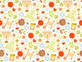Rosh Hashanah, Shana Tova or Jewish New year seamless pattern, with honey, apple, fish, bee, bottle, torah Royalty Free Stock Photo