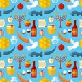 Rosh Hashanah, Shana Tova or Jewish New year seamless pattern, with honey, apple, fish, bee, bottle, torah and other traditional i Royalty Free Stock Photo