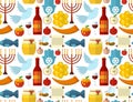 Rosh Hashanah, Shana Tova or Jewish New year seamless pattern, with honey, apple, fish, bee, bottle, torah and other traditional i