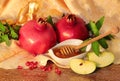 Rosh hashanah symbols - honey, apples and pomegranate Royalty Free Stock Photo