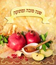 Rosh hashanah symbols - honey, apples and pomegranate Royalty Free Stock Photo