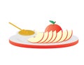 Red apple, apples slices and honey on White and red plate