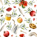 Rosh hashanah watercolor seamless pattern on white for Jewish new year gift wrapping and greeting designs Royalty Free Stock Photo