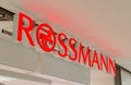 Rossmann logo and sign at cosmetics store in Hamburg