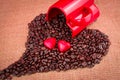 rosted coffee beans with heart chocolates red mug