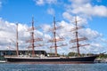 ROSTOCK, GERMANY - AUGUST 2016: Four-master sailing ship Sedov