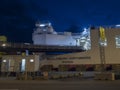 Rostock, Germany, August 20, 2019: Stena line Ferry at the ferry terminal in rostock harbor, night view