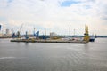 Rostock, Germany - 17.06.2018: Port facility with cranes and shipyard in the port of Rostock