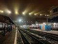 Rostov-on-Don, Russia - Circa November 2018 : Railways Station of RZD in Rostov-on-Don at night, Passenger train and platform