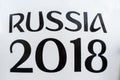 ROSTOV-ON-DON, RUSSIA - DECEMBER, 2017 close up inscription `Russia 2018 ` on a vest the official mascot of the 2018 FIFA World Cu