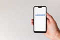 Minsk, Belarus- June 18 2020: smartphone with wirecard logo on the screen. hand touching the screen Royalty Free Stock Photo