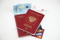Rostov on Don, Russia, Travel concept, Russian passports, money, credit cards on a map, editorial