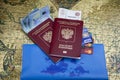 Rostov on Don, Russia, 2018:Travel concept, Russian passports, money, credit cards on a map, editorial
