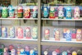 Rostov-on-Don, Russia - July, 2019: Showcase of a kiosk with souvenirs, sale of colorful matryoshkas