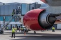 ROSTOV-ON-DON, RUSSIA - JUNE 17, 2018: Back view engine of red Boeing 777 Royalty Free Stock Photo