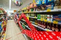 Rostov on Don, Russia - June 1, 2020: Prohibition of alcohol sale or trade in local store. Shelves with warning red lines