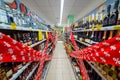 Rostov on Don, Russia - June 1, 2020: Prohibition of alcohol sale or trade in local store. Shelves with warning red lines