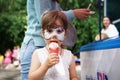 ROSTOV-ON-DON, RUSSIA - 20 May, 2018. Festival Ball of Babies. A beautiful little girl and in a festive dress and carnival mask