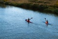 Rostov on don, Russia, October 06 2018.kayakers are racing on the river in a canoe marathon, outdoor movement and canoeing promot