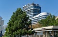 View of new modern building Business Center Admiral on Beregovaya street from the embankment of Rostov-on-Don. Sunny day Royalty Free Stock Photo