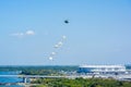 ROSTOV-NA-DONU, RUSSIA - CIRCA SEPTEMBER 2017: Russian paratroopers in sky at military air parade