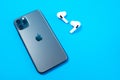 Rostov, Russia - July 06, 2020: Smartphone Apple iPhone 11 Pro of Space gray color and wireless headphones with opened