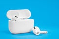 Rostov, Russia - July 06, 2020: Wireless headphones Apple AirPods Pro in opened charging case with active noise cancellation Royalty Free Stock Photo