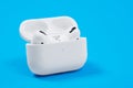 Rostov, Russia - July 06, 2020: Wireless headphones Apple AirPods Pro in opened charging case with active noise cancellation Royalty Free Stock Photo