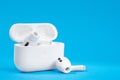 Rostov, Russia - July 06, 2020: Wireless headphones Apple AirPods Pro in opened charging case with active noise cancellation