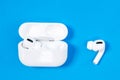 Rostov, Russia - July 06, 2020: Wireless headphones Apple AirPods Pro in opened charging case with active noise Royalty Free Stock Photo