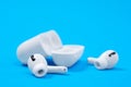 Rostov, Russia - July 06, 2020: Wireless headphones Apple AirPods Pro in opened charging case with active noise