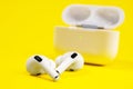 Rostov, Russia - July 06, 2020: Wireless headphones Apple AirPods Pro in opened charging case with active noise Royalty Free Stock Photo