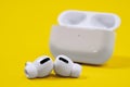 Rostov, Russia - July 06, 2020: Wireless headphones Apple AirPods Pro in opened charging case with active noise cancellation Royalty Free Stock Photo