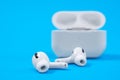 Rostov, Russia - July 06, 2020: Wireless headphones Apple AirPods Pro in opened charging case with active noise Royalty Free Stock Photo