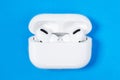 Rostov, Russia - July 06, 2020: Wireless headphones Apple AirPods Pro in opened charging case with active noise Royalty Free Stock Photo