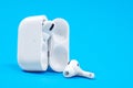 Rostov, Russia - July 06, 2020: Wireless headphones Apple AirPods Pro in opened charging case with active noise Royalty Free Stock Photo