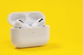 Rostov, Russia - July 06, 2020: Wireless headphones Apple AirPods Pro in opened charging case with active noise Royalty Free Stock Photo