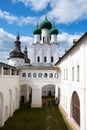 Rostov, Russia - June 10, 2023. View of the walls of the Rostov Kremlin and the church with domes