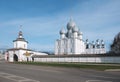 Rostov Yaroslavsky, Russia - A tourist walks along the wall of the Rostov Kremlin