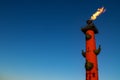 On the rostral column burns a fiery flame. Rostral columns are on the arrow of Vasilievsky Island in the historical center of St.