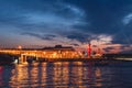 Rostral columns on Vasilyevsky island Spit Strelka at white night. St. Petersburg. Russia