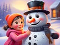 Child Touchingly Adorns the Snowman with a Carrot Nose. Ai generated Royalty Free Stock Photo