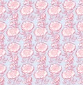 rosy peony floral sketch. spring flower vector illustration. black and white hand drawn seamless pattern. pastel color flowing mo Royalty Free Stock Photo