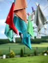 Rotary clothes dryer with hanging cleaning cloths Royalty Free Stock Photo