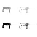 Rotary hammer demolition icon outline set grey black color