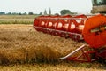 Rotary straw walker combine harvester cuts and threshes ripe wheat grain. Platform grain header with thresher reel