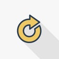 Rotate arrow, update thin line flat color icon. Linear vector symbol. Colorful long shadow design.